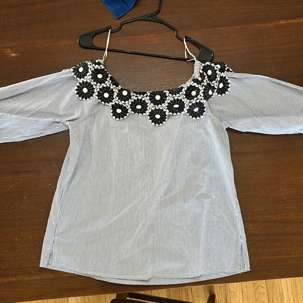 Loft‎ blue and white striped off shoulder top